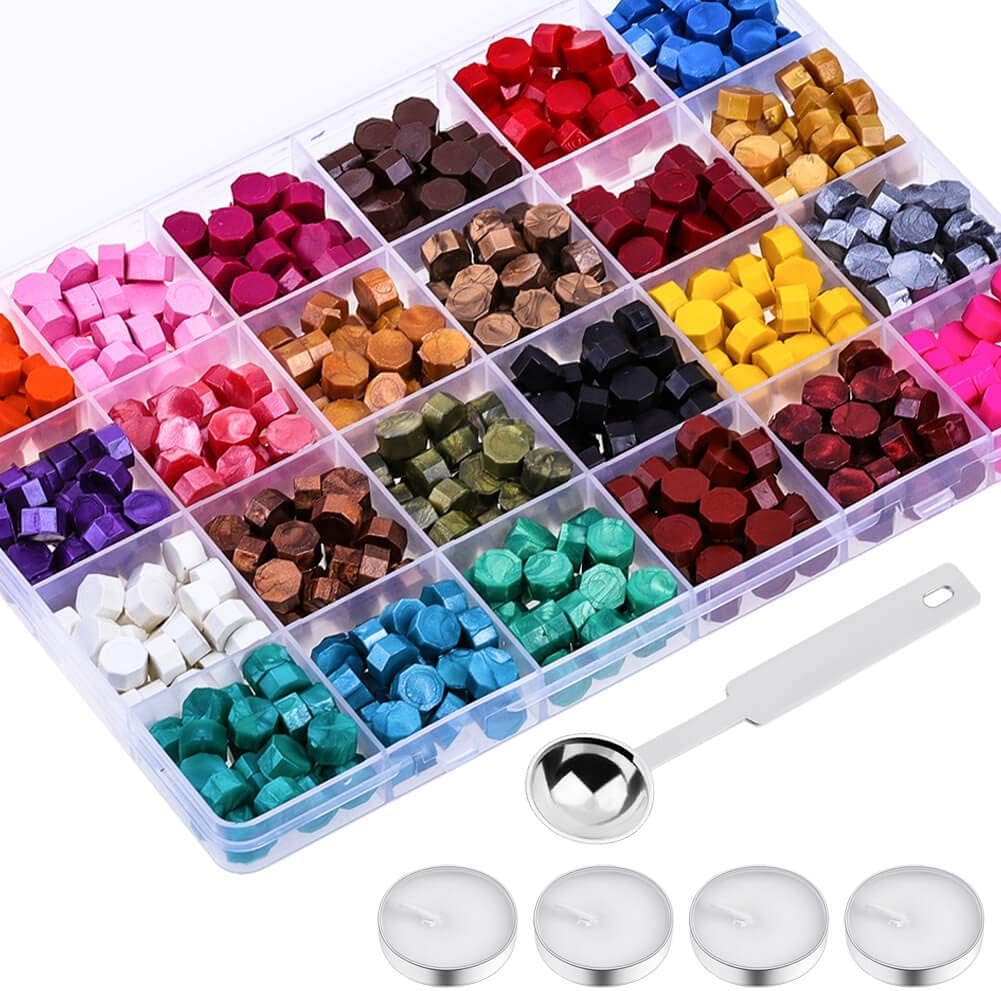 PAXCOO 624Pcs Sealing Wax Beads, Sealing Wax for Wax Seal Stamp, Hexagon Wax Seal Beads with A Wax Spoon and 4Pcs Tea Candles (24 Colors)