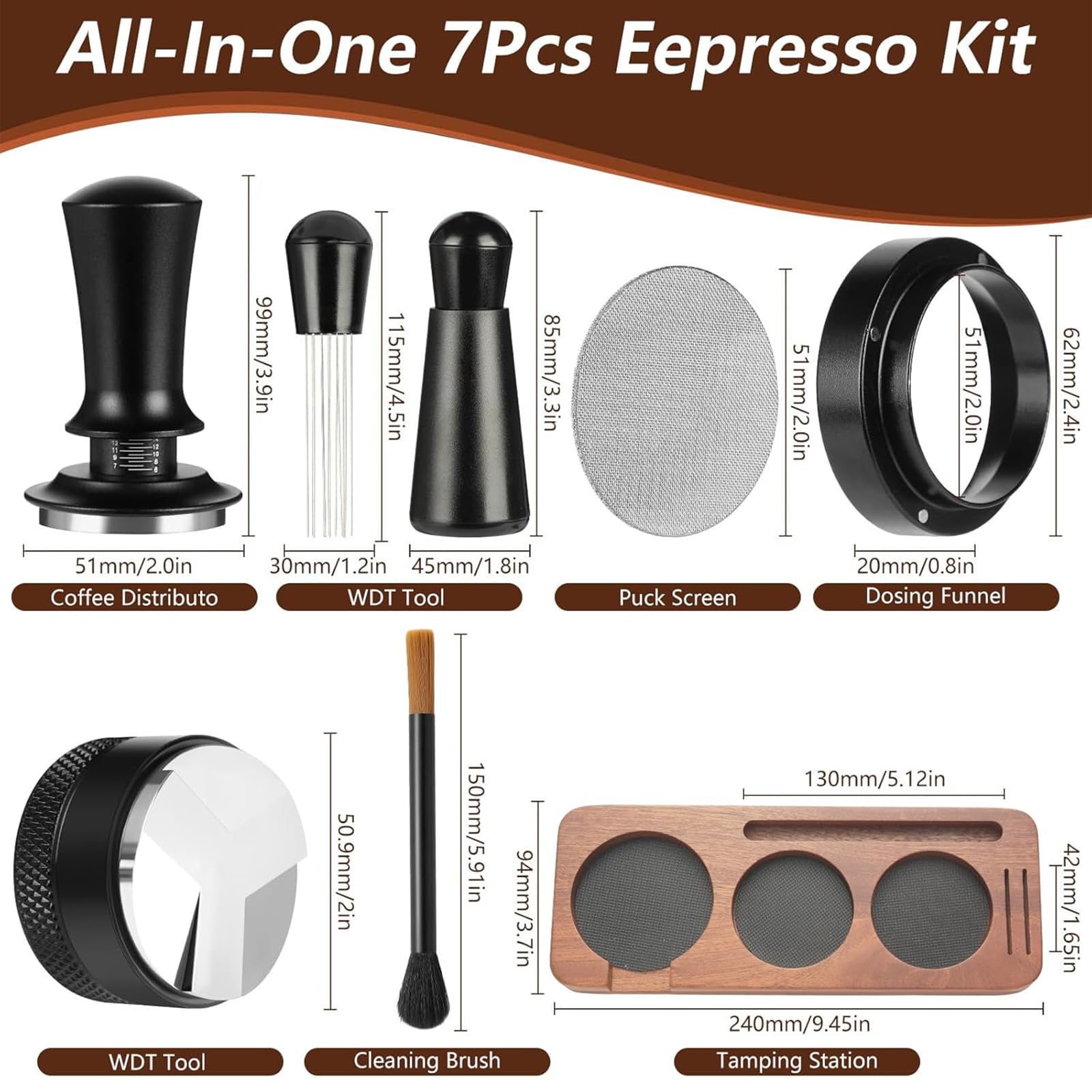 Barista Accesorios, 7 accesorios para espresso, 51 mm WDT Tool Tamper Distributor Anillo dosificador para máquinas portafiltros café Tamper Barista Set de acero inoxidable para el hogar Cafes