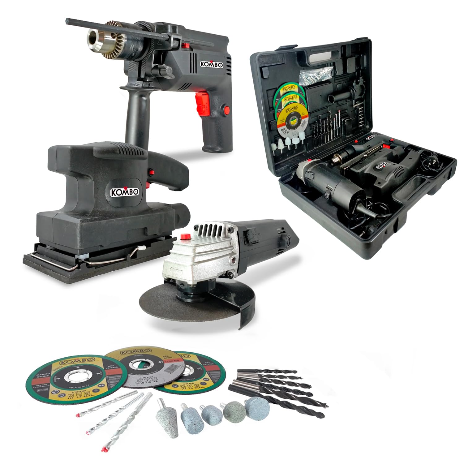 Kit Trapano Avvitatore 500W, Smerigliatrice 500W e Levigatrice 135W - Set Elettroutensili Completo con Valigetta e 50 Accessori per Lavori Fai da Te e Bricolage