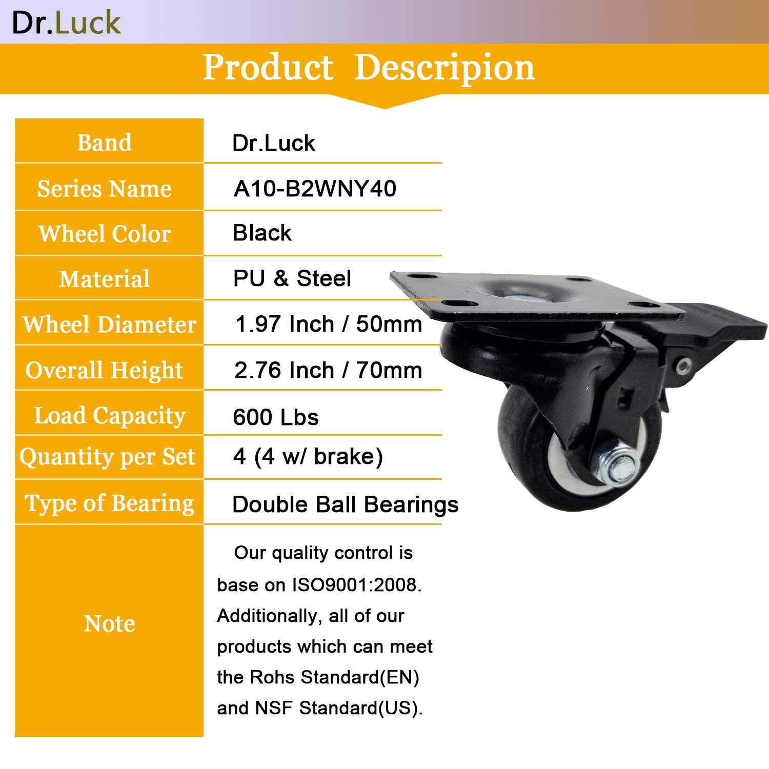 Get Special Price Dr.Luck 2 Black Polyurethane PU Heavy Duty Swivel Caster Wheel Without Brake, 360 Degree Top Plate Load Capacity 600 Lbs for 4 Wheels, Set of 4