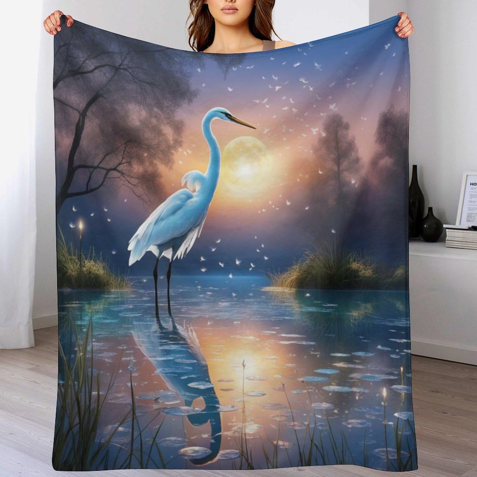 Manta de forro polar de franela suave y cálida de grúa blanca de 150x200 cm para sofá