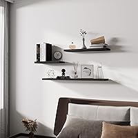 Vista 3 de Estantes flotantes de pared de madera maciza, almacenamiento para dormitorio, sala de estar, juego de 3, estantes de pared negros rústicos