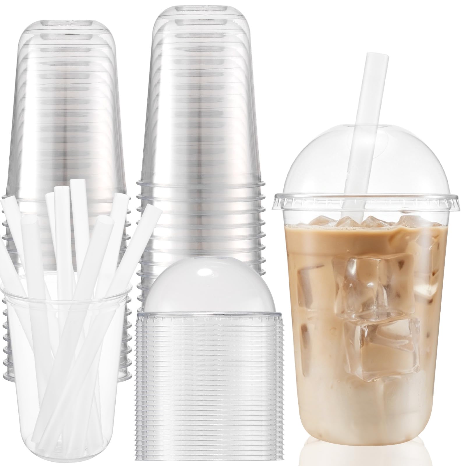 YEXEXINM 50 Pcs Plastic Smoothie Cups with Dome Lids and Straws, 16 Oz Strong Takeaway Cups Reusable Clear Plastic Cups for Milkshake Iced Tea Slusly and Bubble Tea
