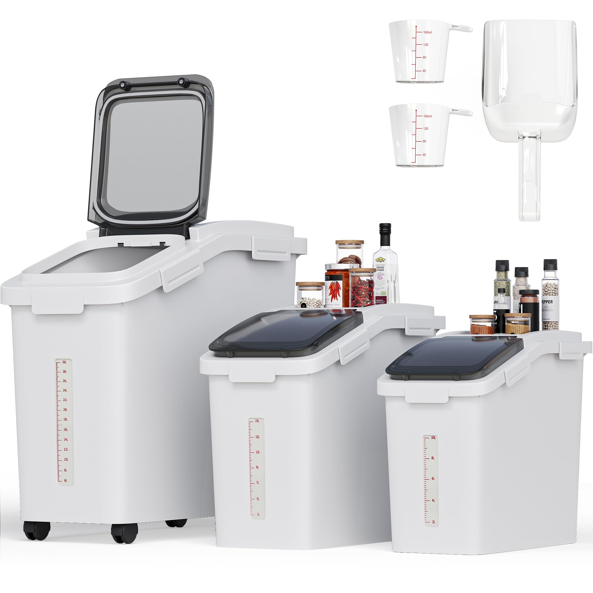 DWVO Large Ingredient Storage Bins, 20.6 Gal(11.4+5.8+3.4 Gal) Flour Rice Food storage Containers Bins with Wheels, Scoop and Airtight Lid for Dry Food, Flour, Cereal Grain, Sugar, White, Pack of 3