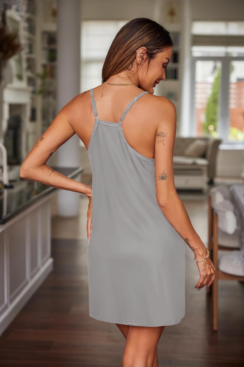 Ekouaer Nightgowns for Women Cotton Sleepwear Adjustable Spaghetti Strap Sleepshirt Racerback Night Dress with Pockets Light Grey XL - Image 4