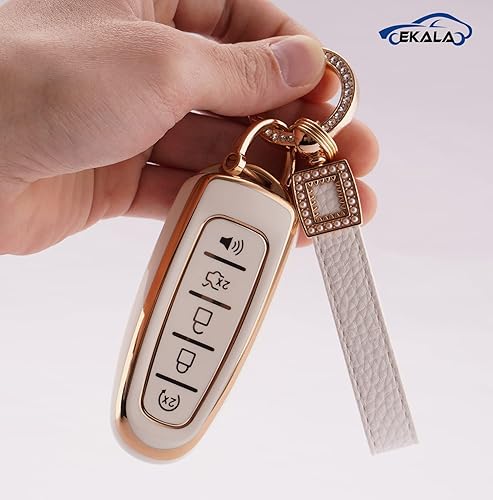 Miniatura 5 de EKALA Funda para llavero Ford con llavero de cuero, 5 botones de TPU suave, cubierta blanca para llavero compatible con Ford Edge Focus Flex