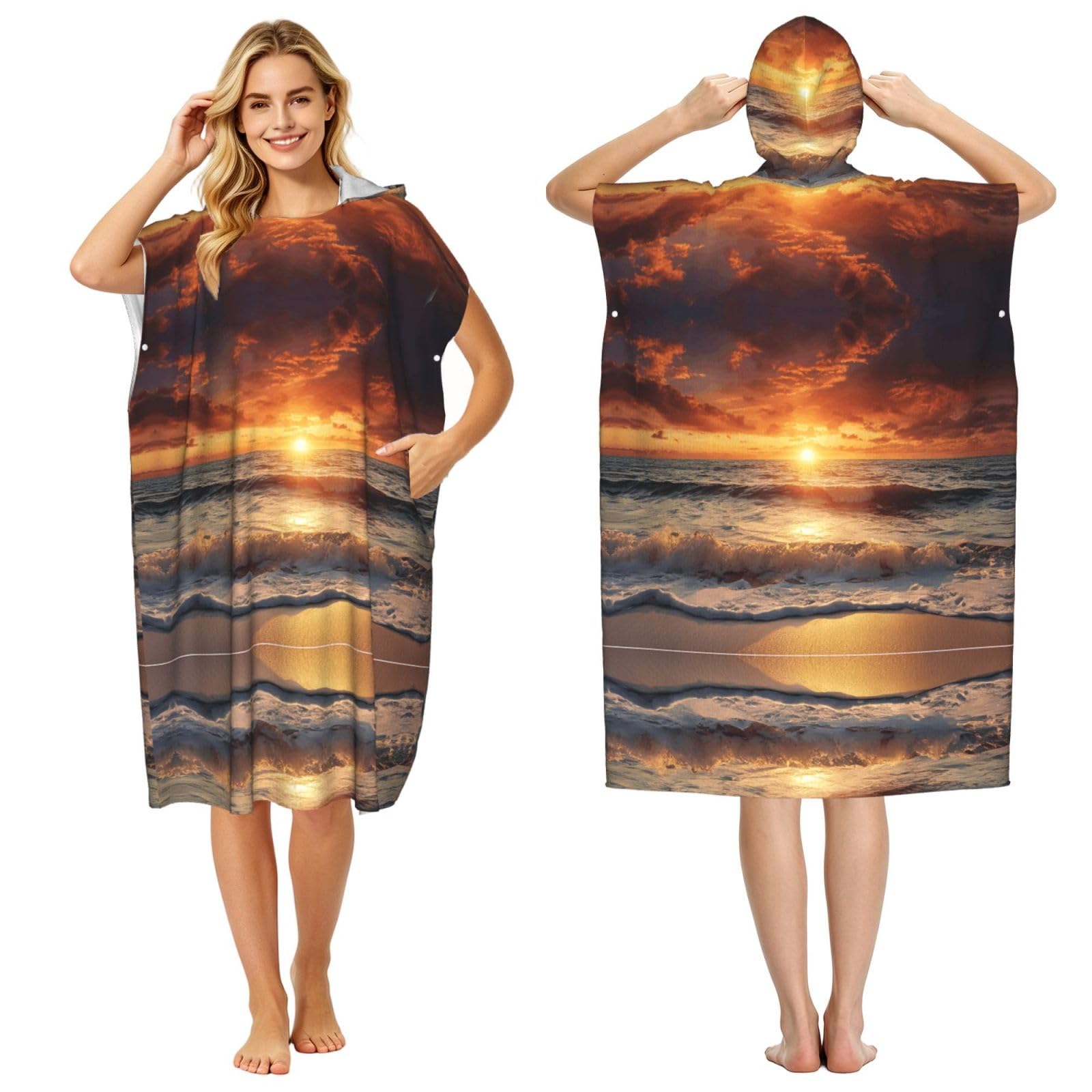 EZDLOWVBA Sunset Beach Print Hooded Poncho Microfiber Beach Towel,Adult Women & Men Changing Robe,Lightweight Summer Surf Swim Bath Poncho Towel