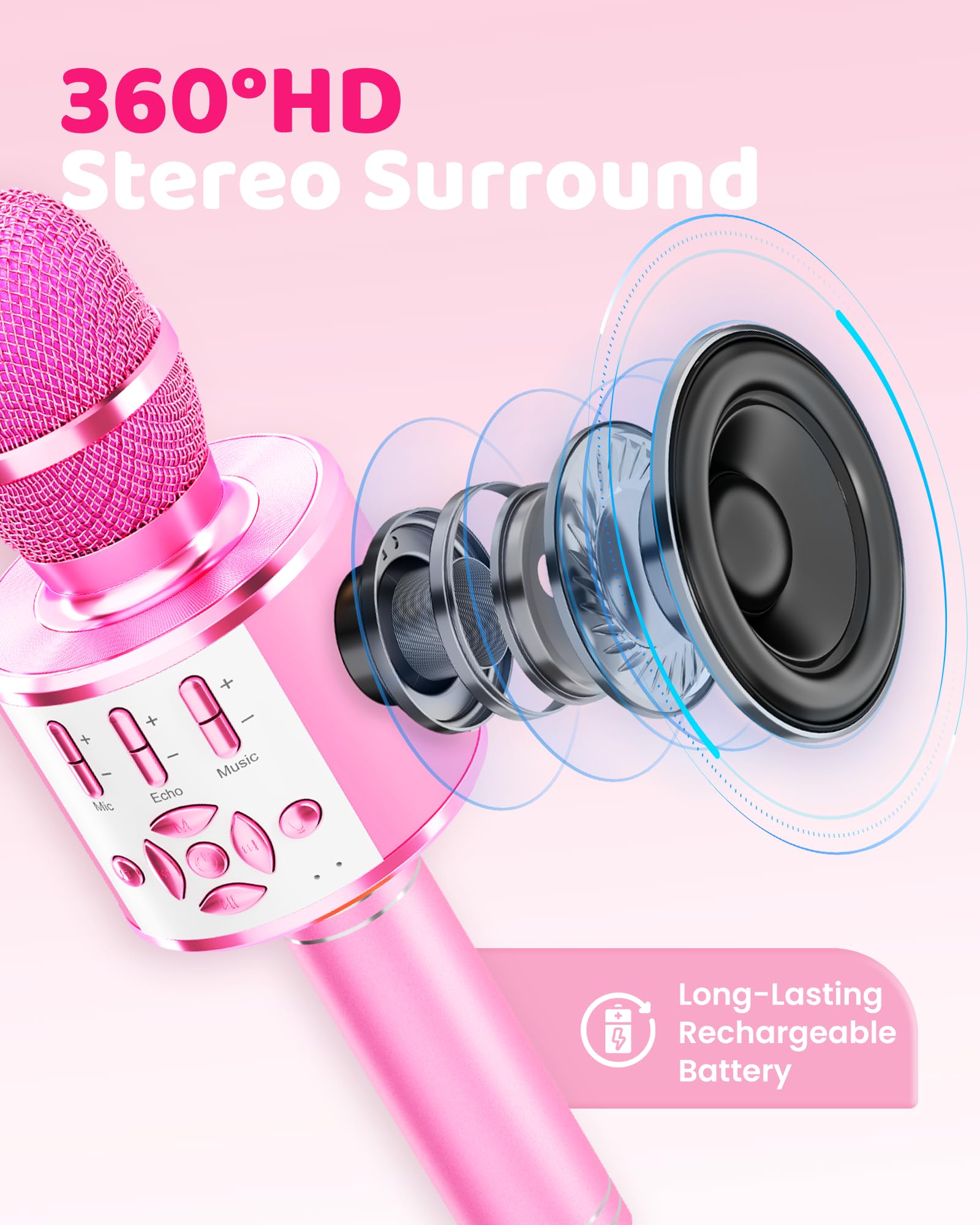 Amazmic Spielzeug für Mädchen, Kinder-Karaoke-Mikrofon, Kleinkind-Mikrofon für Kinder mit Lichtern, Geburtstagsgeschenk für Mädchen, Jungen, Spielzeug Alter 3 4 5 6 7 8+ (Hellrosa)