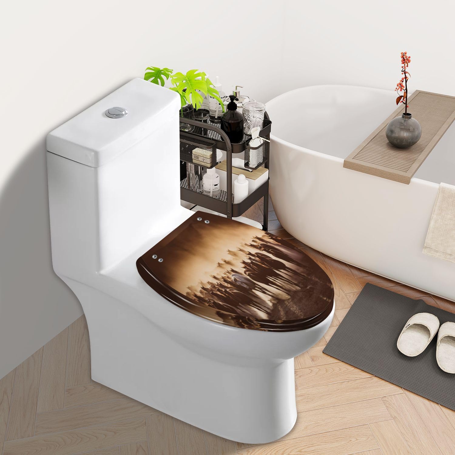 Elongated Toilet Seat Herd Wild Horses Running Dust Resin Toilet Seat Quietly Slow Close with Quick-Release Hinges Toilet Seat with Cover Easy to Clean Install