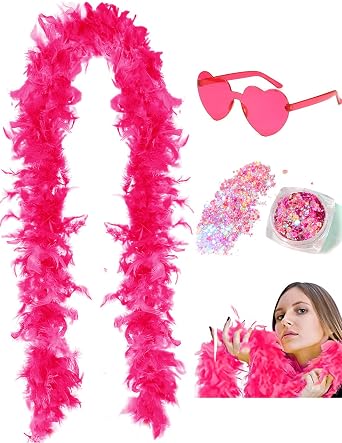 SHENYI 45g 2Yard Feather Boa with Body Glitter and Heart Sunglasses for Women and Teen Girls Bachelorette Party Halloween