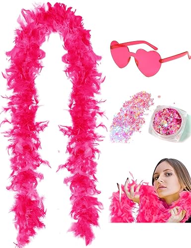 DAJOOEE Boas de plumas de 45g (2 yardas) con purpurina y gafas de sol de corazón - Para mujeres y adolescentes