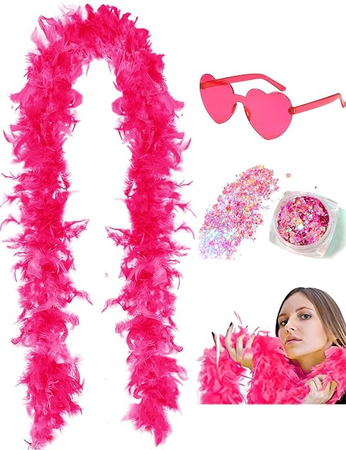 DAJOOEE Boas de plumas de 45g (2 yardas) con purpurina y gafas de sol de corazón - Para mujeres y adolescentes