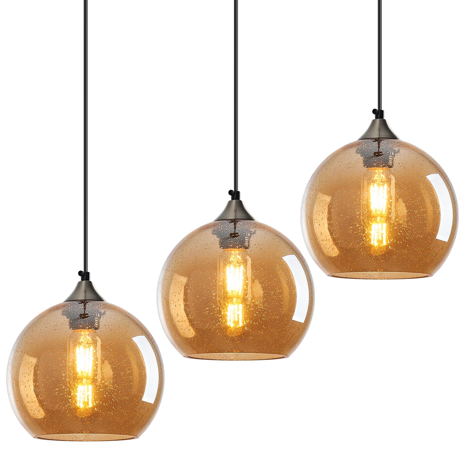 Amber Pendant Lights Kitchen Island 3 Pack, 7.87in Seeded Glass Globe