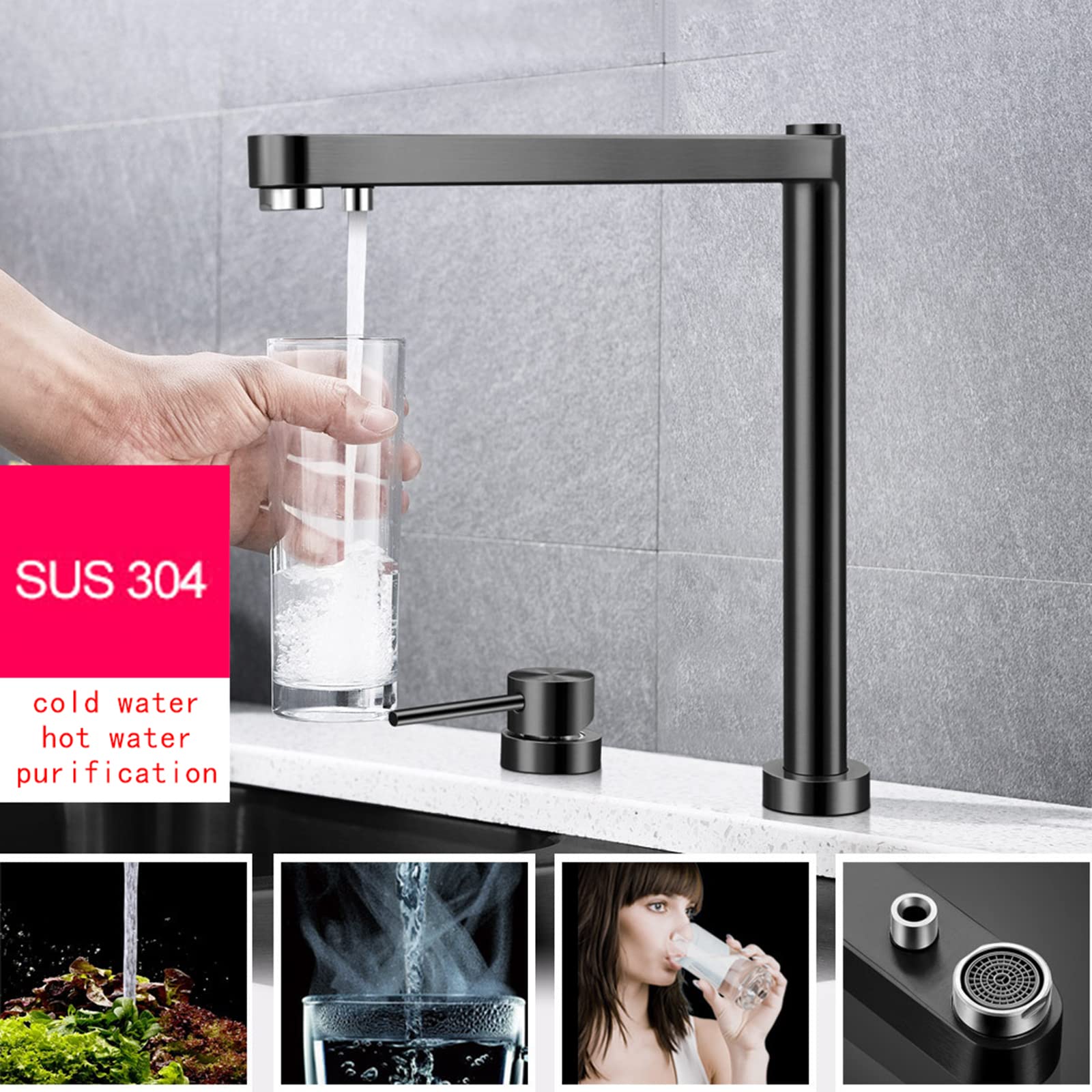 Grifo de 3 vías, grifos para fregadero, ideal para instalación en ventanas, grifo de 3 vías, níquel cepillado, caño giratorio de 360 grados, grifo de agua potable, grifos para fregadero, monoman