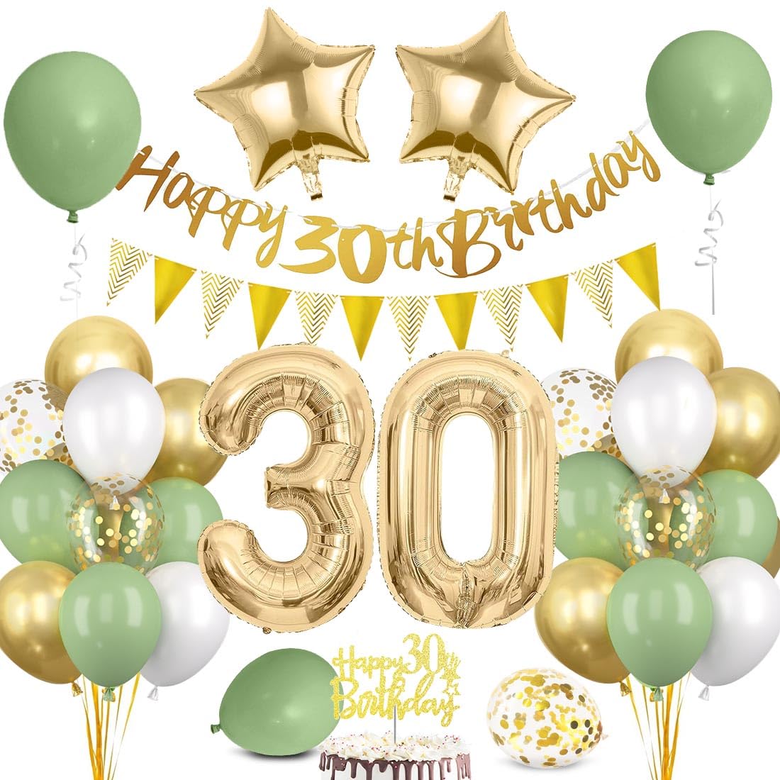 Decoracion Cumpleaños 30 Años Oro Verde, Globos 30 Cumpleaños Hombre Mujer, Pancarta Triángulo Happy Bithday 30 Años para Hombre Mujer Cumpleaños Decoracion Fiesta