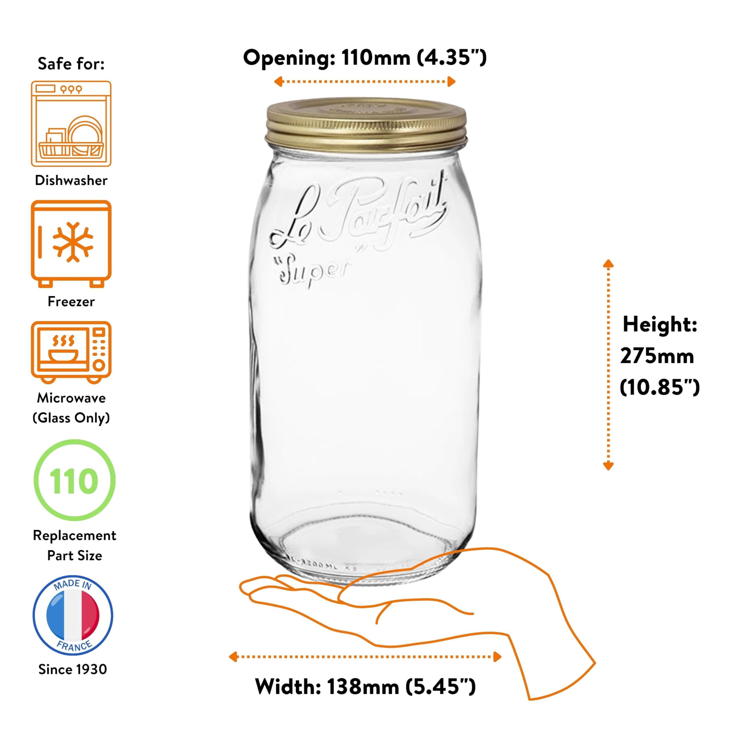Le Parfait Bocal en verre avec couvercle à visser de 3 L (2,72 g) à large ouverture, doré, 1 pièce