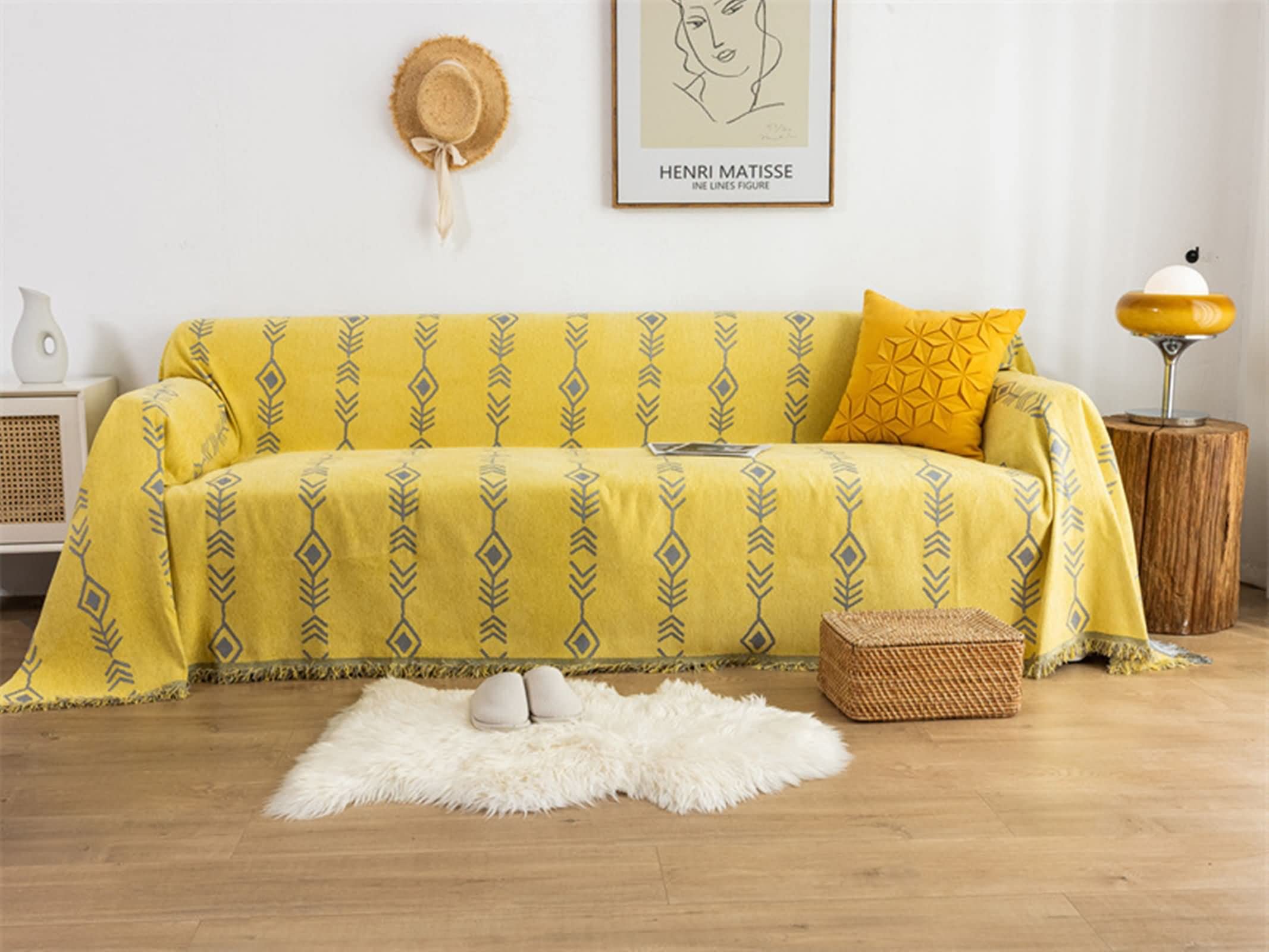 3 Sitzer Couch Überzug,Sofa Bezug mit Pfeil Sofabezug Chenille Handtuch Sofa Gelb Grau Sofaüberwurf Decke 180x260CM