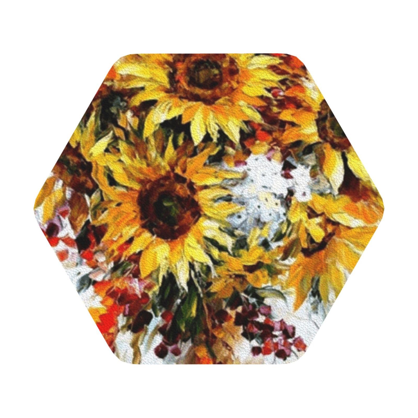 Oil Painting Sunflower PU Leather Coasters Set of 6 Hexagon Drink Coasters