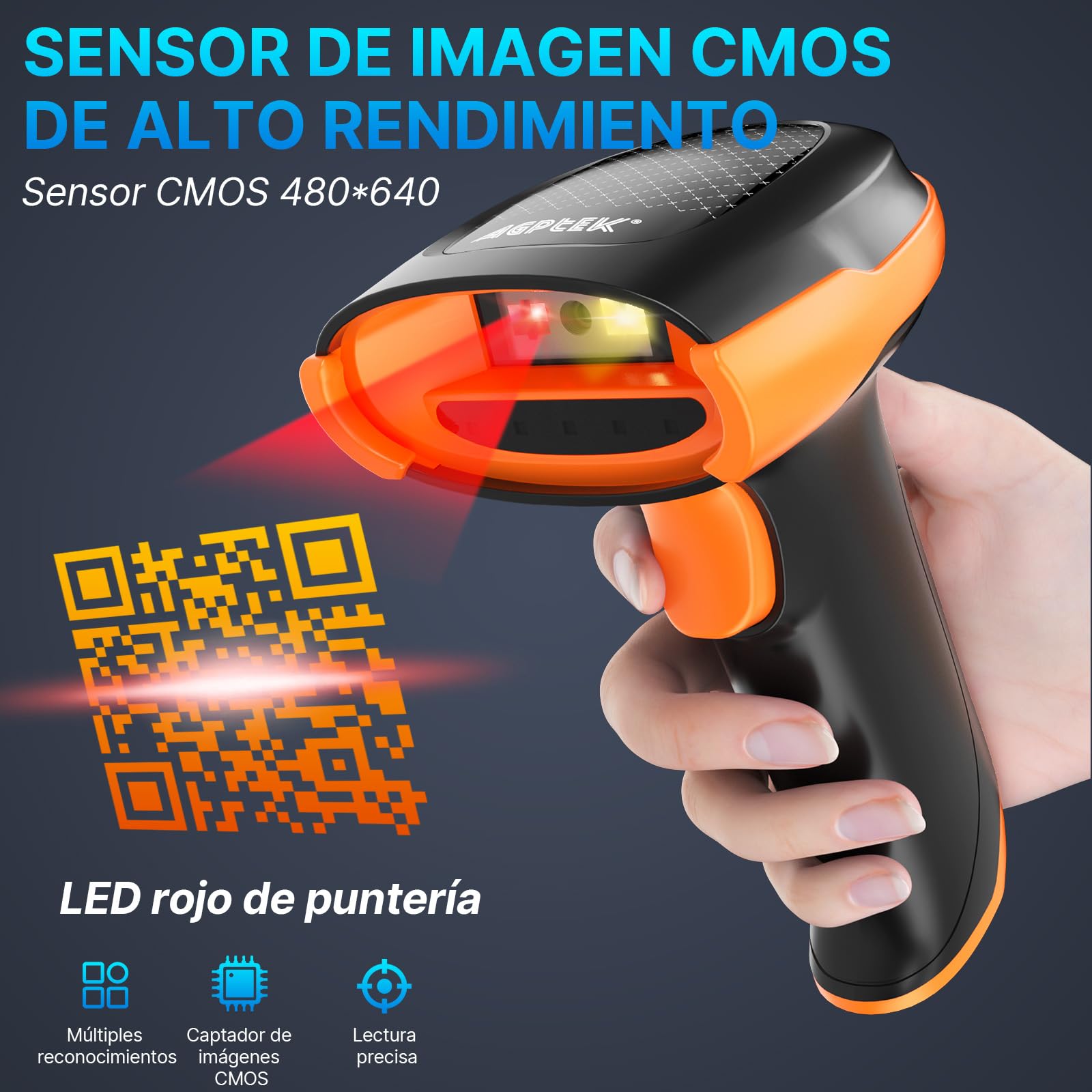 APETK Escáner de Códigos Barras 2D/QR Inalámbrico, Lector Mano con Base Carga, 100m Alcance, 20K Escaneos/Carga, para Tiendas/Almacenes