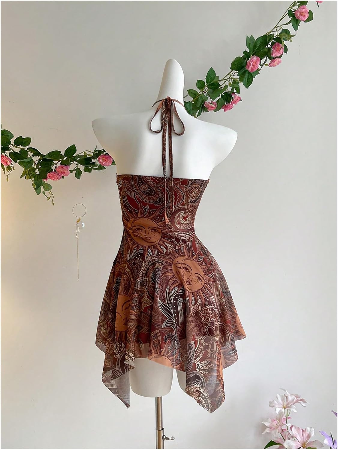 Women's Boho Halter Dress Paisley Hippie 70s Western Cowgirl Dress Flowy Layered Ruffle Mini Dresses Rave Outfits