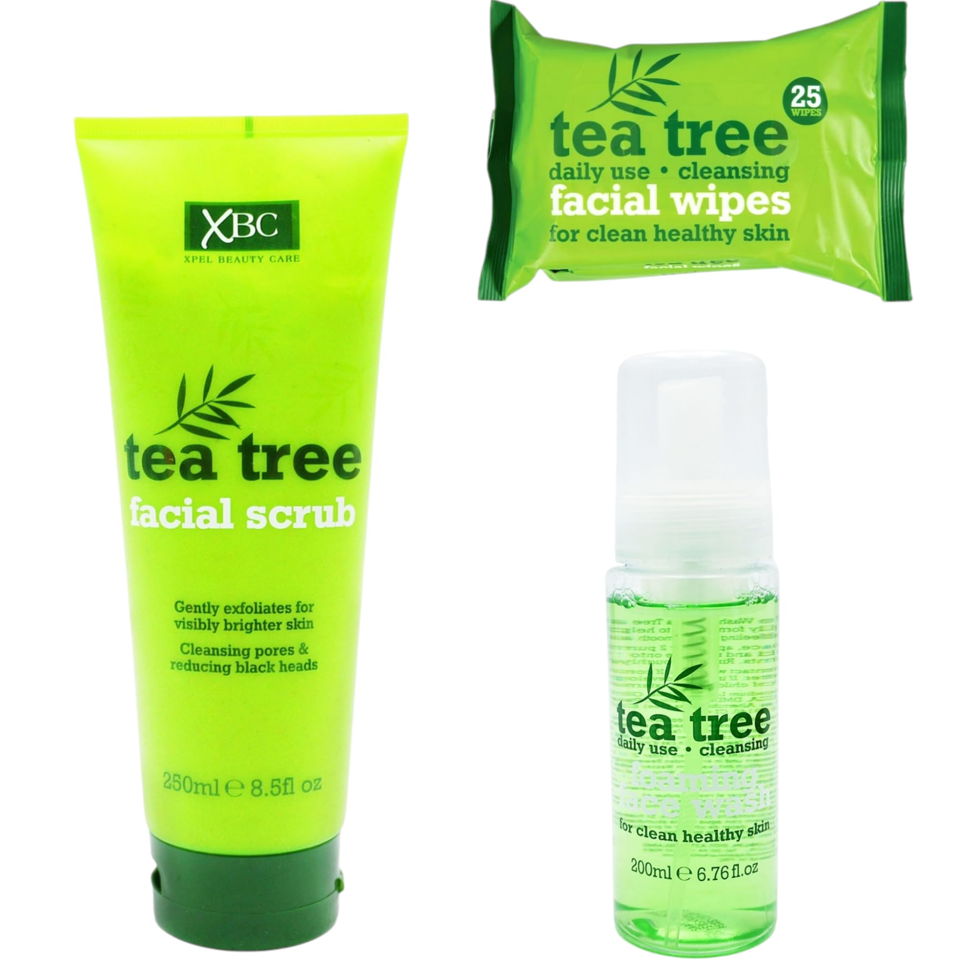 Tea Tree Face Wash 3pcs Set, Foaming Face Wash 200ml, Facial Scrub 250ml, Facial Wipes 25, 66.67 ml (Pack of 3)