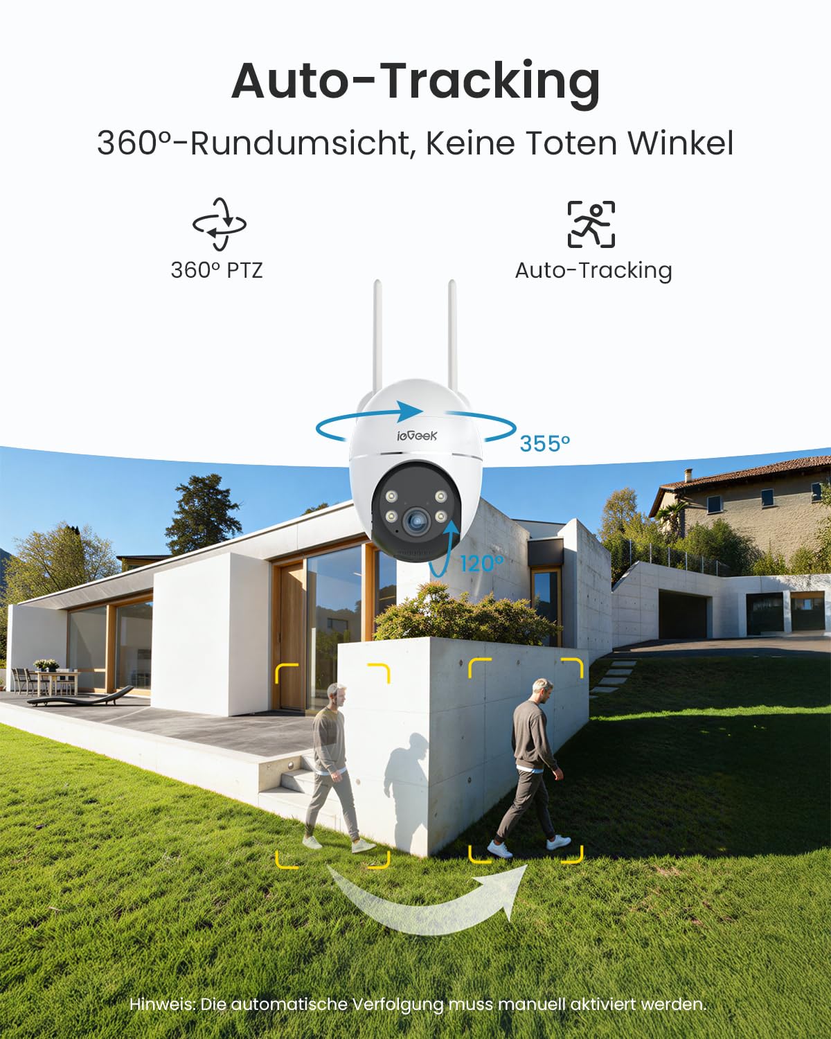 ieGeek 24/7 AOV Überwachungskamera Aussen mit Auto-Tracking, 2K 360° PTZ Kamera Solar mit 5W Solarpanel & 9000mAh Akku, 30m Farbnachtsicht, Camera Outdoor WLAN Kabellos mit Intelligente Erkennung, S7