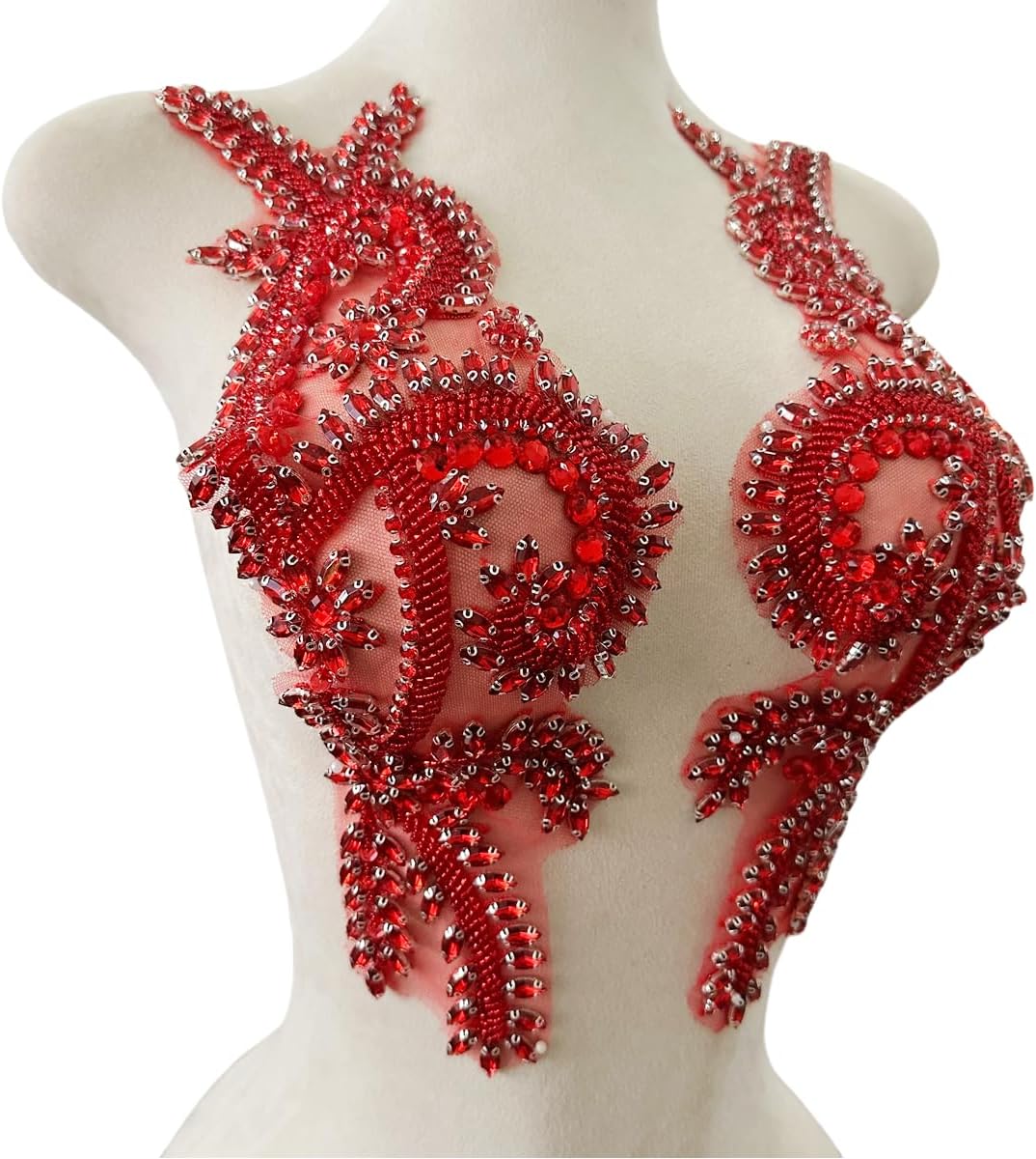 HandSewing Beads Applique sew on Rhinestones Sequins Lace Decoration Irregular Decal Patches Trimming Accessories for Wedding Dress 1pair/Set 17X5inches (Red)