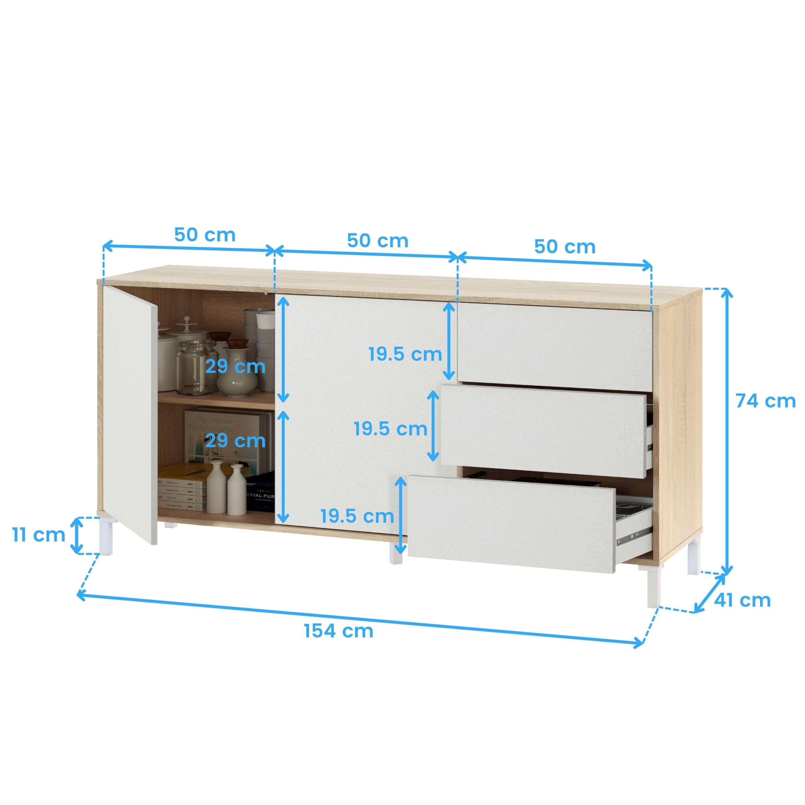 Habitdesign Aparador 2 Puertas + 3 Cajones, Buffet, Modelo Brooklyn, Acabado Roble Canadian y Blanco Artik, Medidas: 74 cm (Alto) x 154 cm (Ancho) x 41 cm (Fondo)