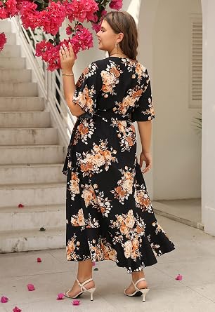 Keluummi Plus Size Maxi Dress for Women V-Neck Floral Empire Waist 3/4 Sleeve with Pockets