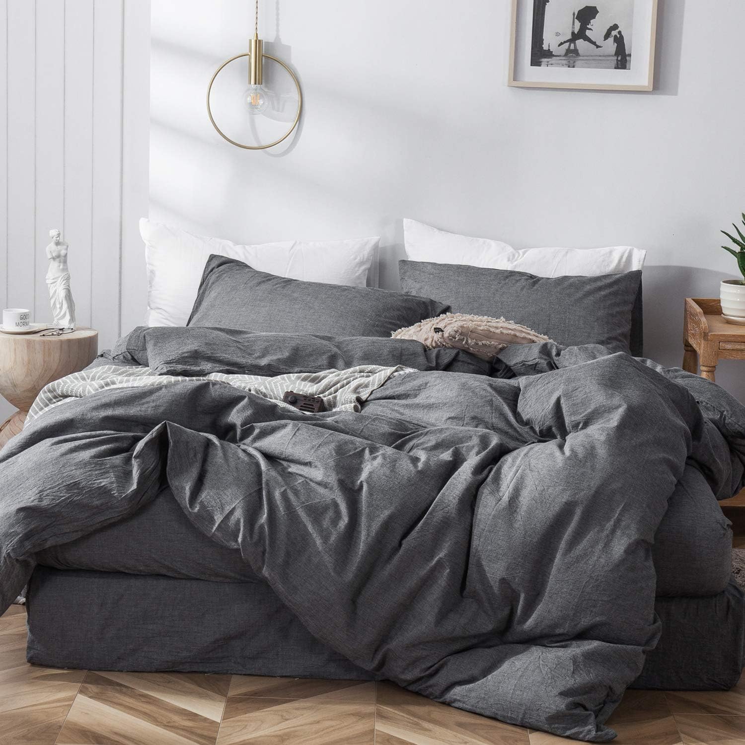 MOOMEE Bedding Duvet Cover Set - 100% Washed Cotton Linen Like Textured Breathable Durable Soft Comfy Bedding Set with Hidden Zipper Closure(Heathered Dark Grey,Double Size) โ image 1