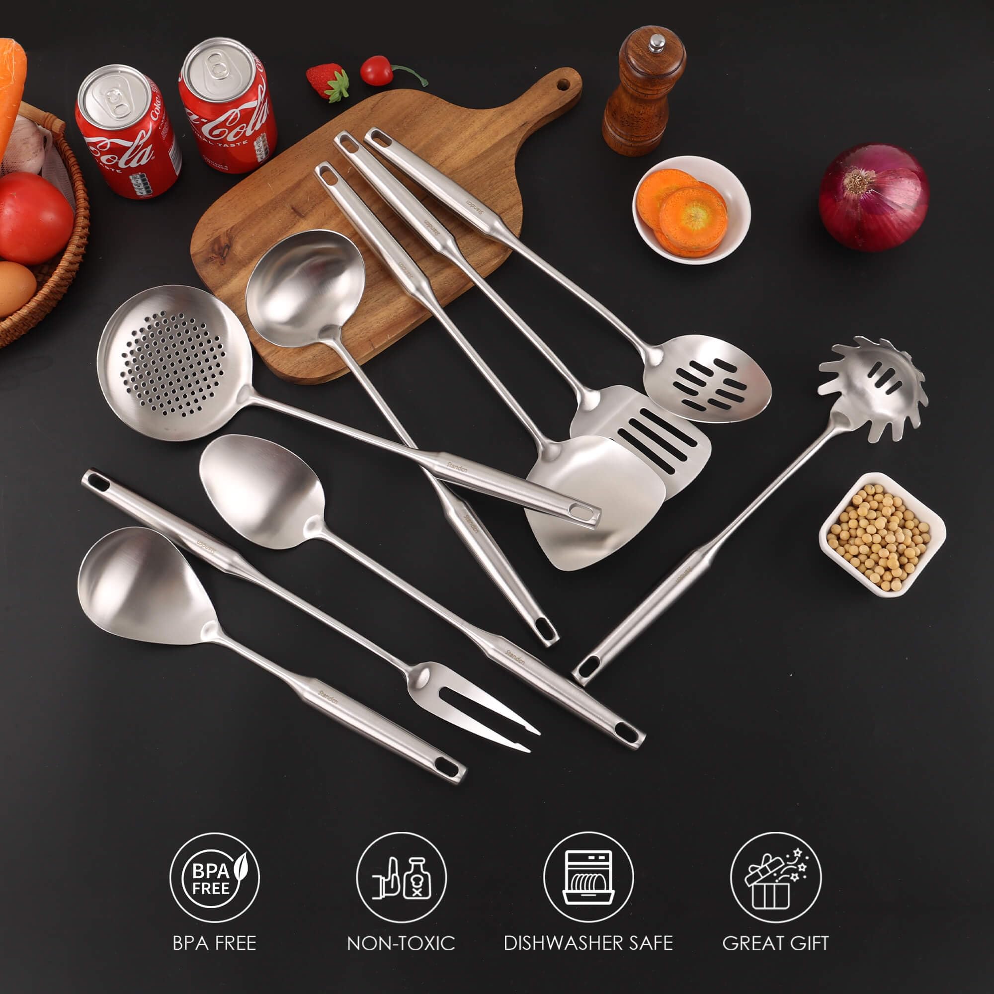 Standcn Küchenutensilien-Set aus 304 Edelstahl, 9-teiliges Metall-Kochwerkzeug-Set mit Fleischgabel, massivem Löffel, Schlitzlöffel, Spatel, Schöpflöffel, Schaumlöffel, Spaghettiheber, großer Löffel
