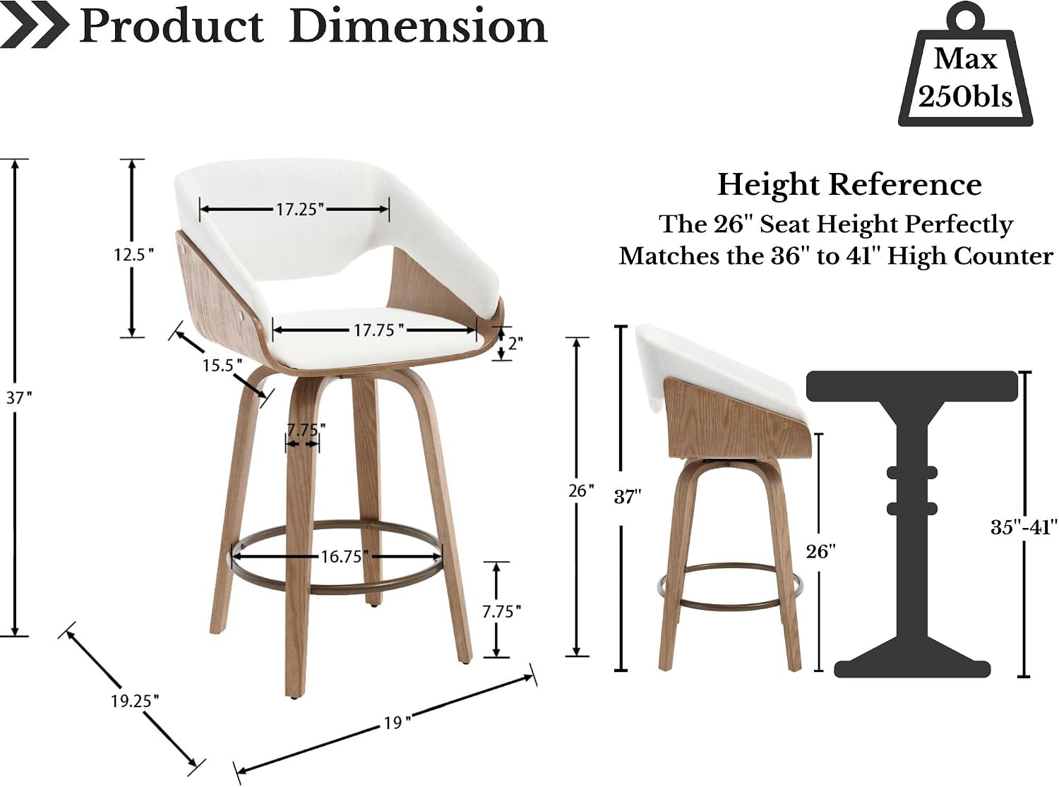 HNY 26 Inch Swivel Bar Stools with Back Set of 2, White Linen Upholstered Counter Height Barstools with Solid Bentwood Frame, Round Footrest, Modern Barrel Counter Stools for Kitchen Island, Home Bar