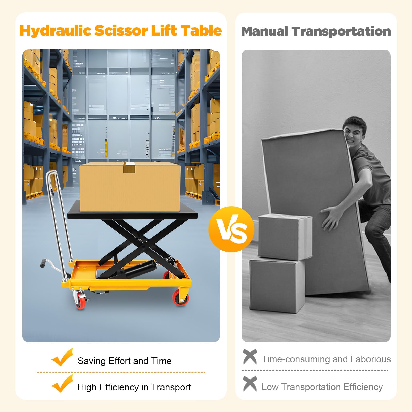 Mesa elevadora hidráulica de tijera, capacidad de 226,8 kg, carretilla elevadora hidráulica de tijera con 4 ruedas, carro hidráulico manual para manejo de material