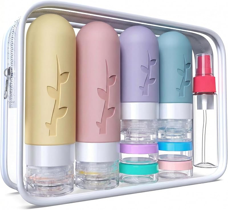 Kit de frascos recarregáveis para viagem DEPOZA, 16 peças, com potes, borrifadores e bolsa, Light Purple