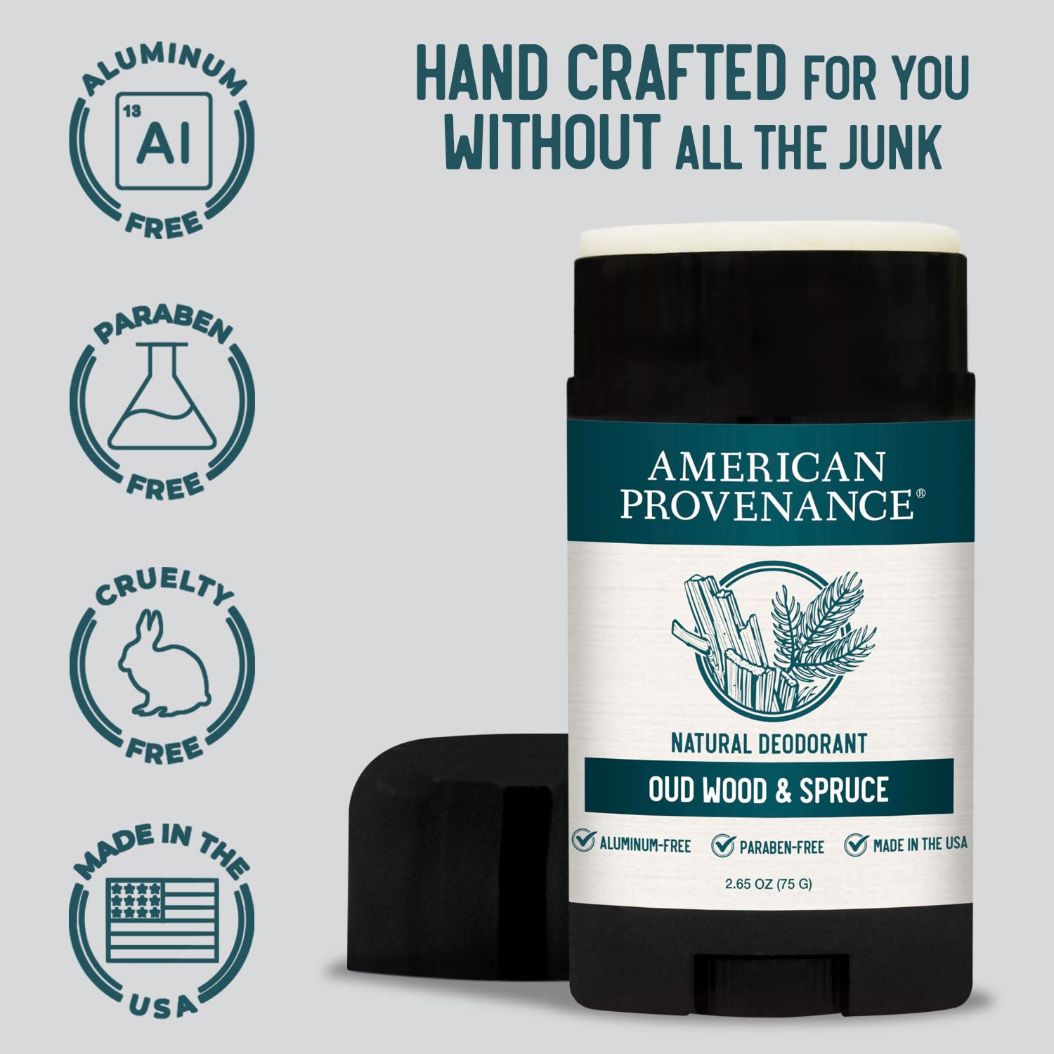 American Provenance Natürliches Deodorant, ohne Aluminium, für Damen und Herren, aus Oud-Holz und Fichte, 24-Stunden-Schutz vor schlechten Gerüchen, tierversuchsfrei, hergestellt in den USA, 1 Stück
