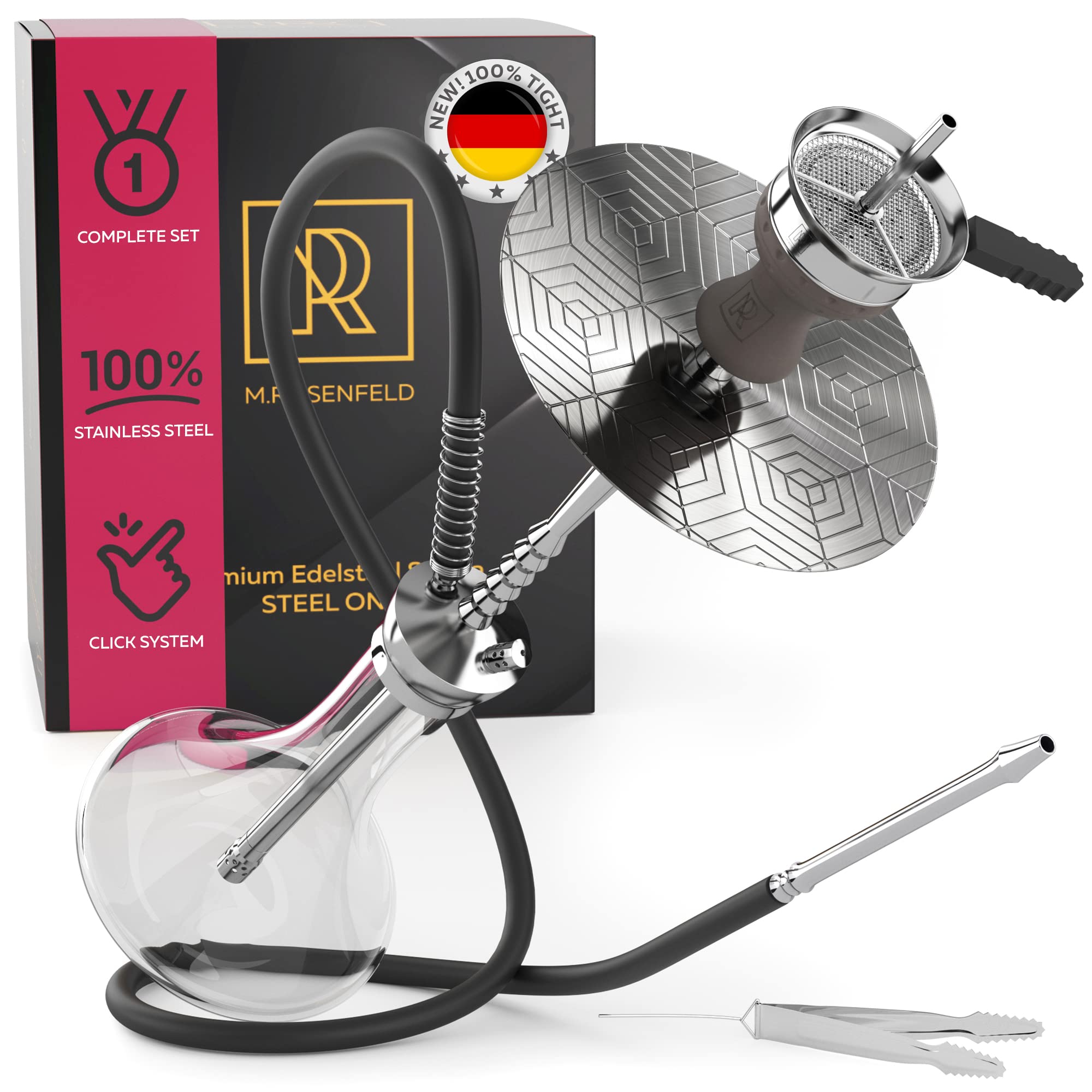 M. ROSENFELD Hookah Set Steel One - Stainless Steel Hookah Complete Set With Premium Hookah Accessories [Clay Head, Chimney Attachment, Hose With Mouthpiece] - 70Cm With Click Lock