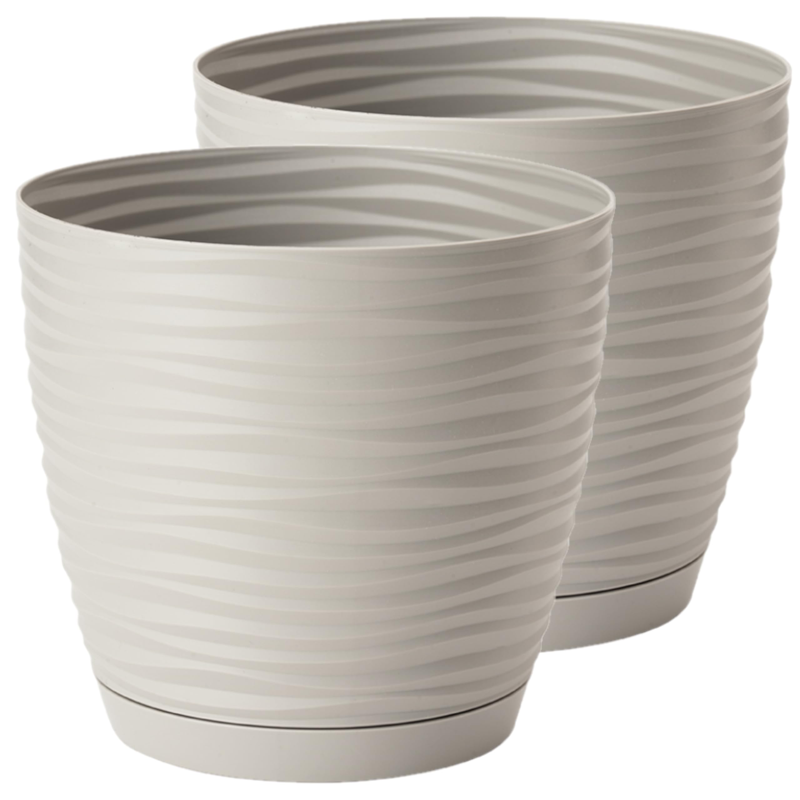Home Garden Ornaments Light Grey Plant Pots Indoor – Set Of 2 Plastic Flower Pots With Saucer And Drainage Holes, Decorative 3D Wave Design (, 15Cm / 5.9 Inch)