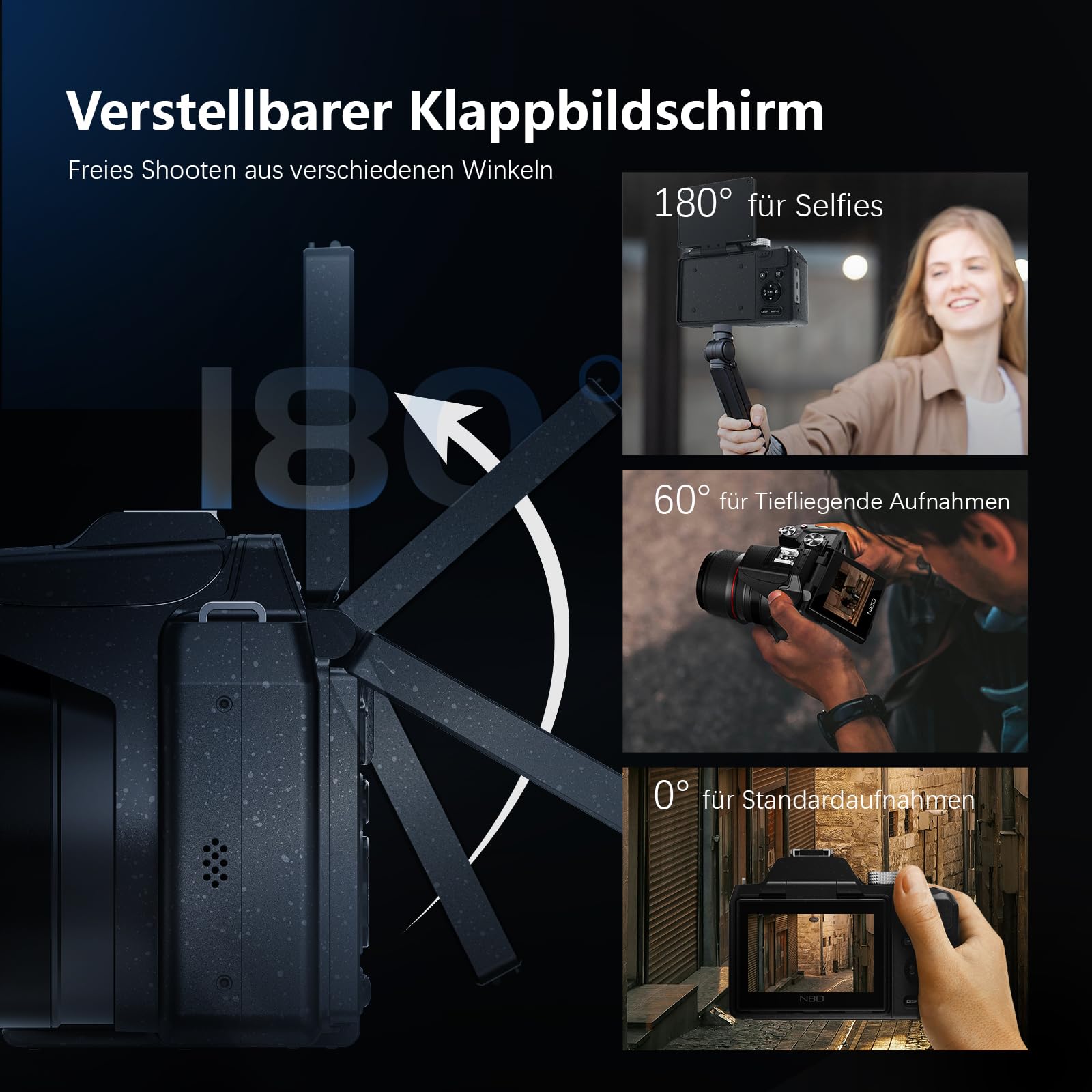 8K & 64MP Digitalkamera für Fotografie, 48X Zoom (16X Optisch + 3X Digital) mit Mondmodus, 180° Klappdisplay, WLAN, Micro-HDMI, inkl. 32GB TF-Karte & 2 Akkus – Vlogging Kamera für YouTube (Schwarz)