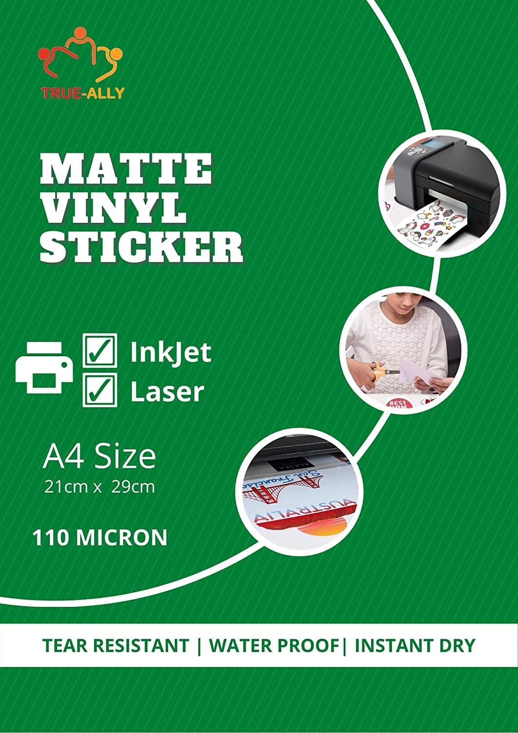 True-Ally White Matte Vinyl Sticker Self-Adhesive Photo Paper for Inkjet Printer Waterproof, Instant Dry, Tear Resistant DIY Sticker printing Art (Pack of 25 Sheets (A4 Size))