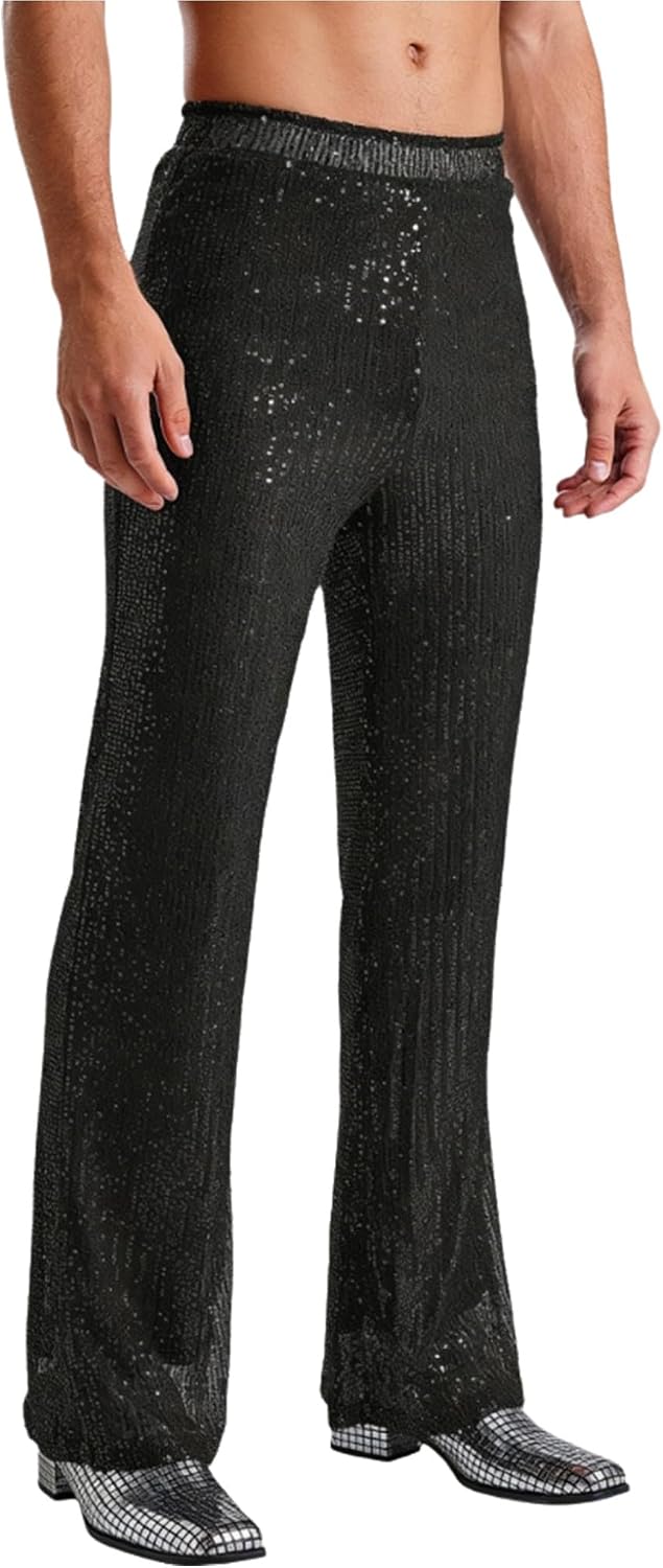 Adult Mens 70s Disco Pants Slim Fit Retro Flared Trousers Sequins Bell Bottoms Trousers Rave Pants