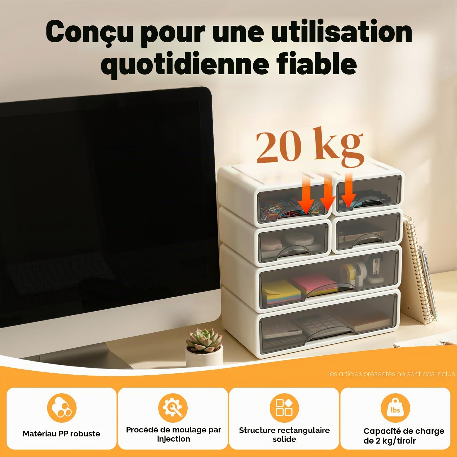 Organiseur de bureau, 6 compartiments, tiroirs fermés, empilable, en plastique, avec poignées, fournitures de bureau, pour la maison et le bureau, 34 x 25 x 33 cm, blanc