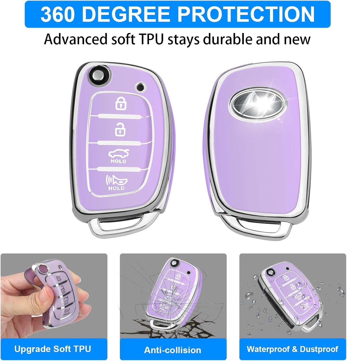 QBUC Key Fob Cover for Hyundai, TPU Remote Key Fob Protector Fits for Hyundai Santa Fe Sport Sonata Tucson Smart Key Case Accessories with Metal Keychain (Silver-Purple, Model-B)