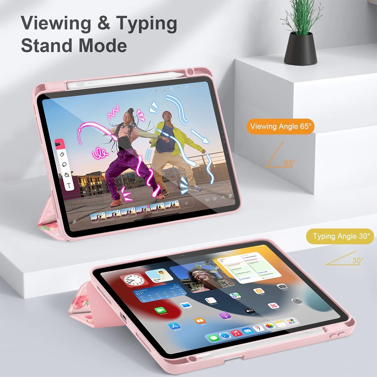 May Chen for iPad Pro 11 inch M2 4th Generation 2022, iPad Pro 11 3rd/2nd/1st Gen, Case with Transparent Shockproof Back Cover [Built-in Pencil Holder, Auto Sleep/Wake, Bow Strawberry