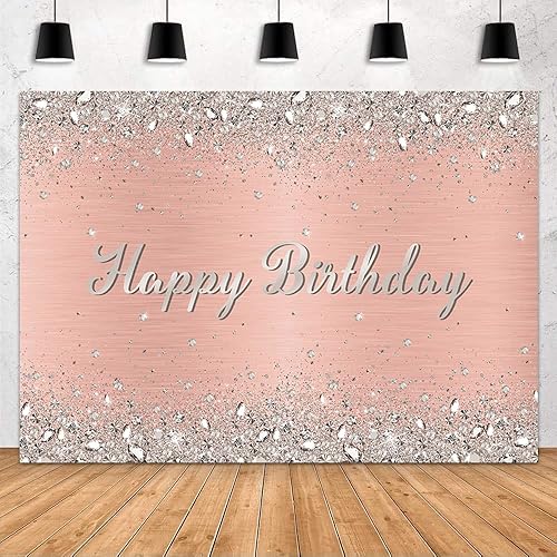 MEHOFOND Decoración de fiesta de cumpleaños de oro rosa, telón de fondo brillante con diamante plateado brillante, decoración de feliz cumpleaños,