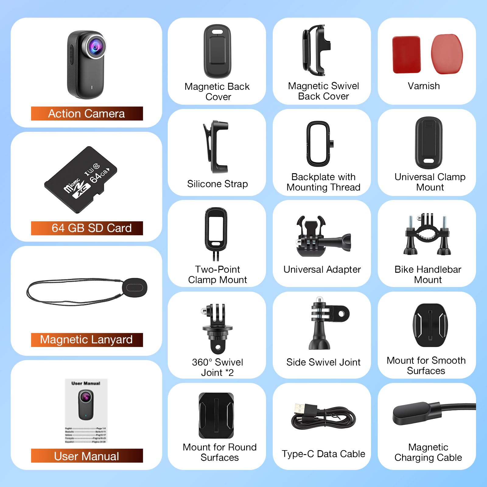 4K Action Kamera Mini Bodycam 180° Drehbarer Bildschirm Magnetische Freihändig POV Kamera 64GB Karte 30m Wasserdicht Unterwasserkamera