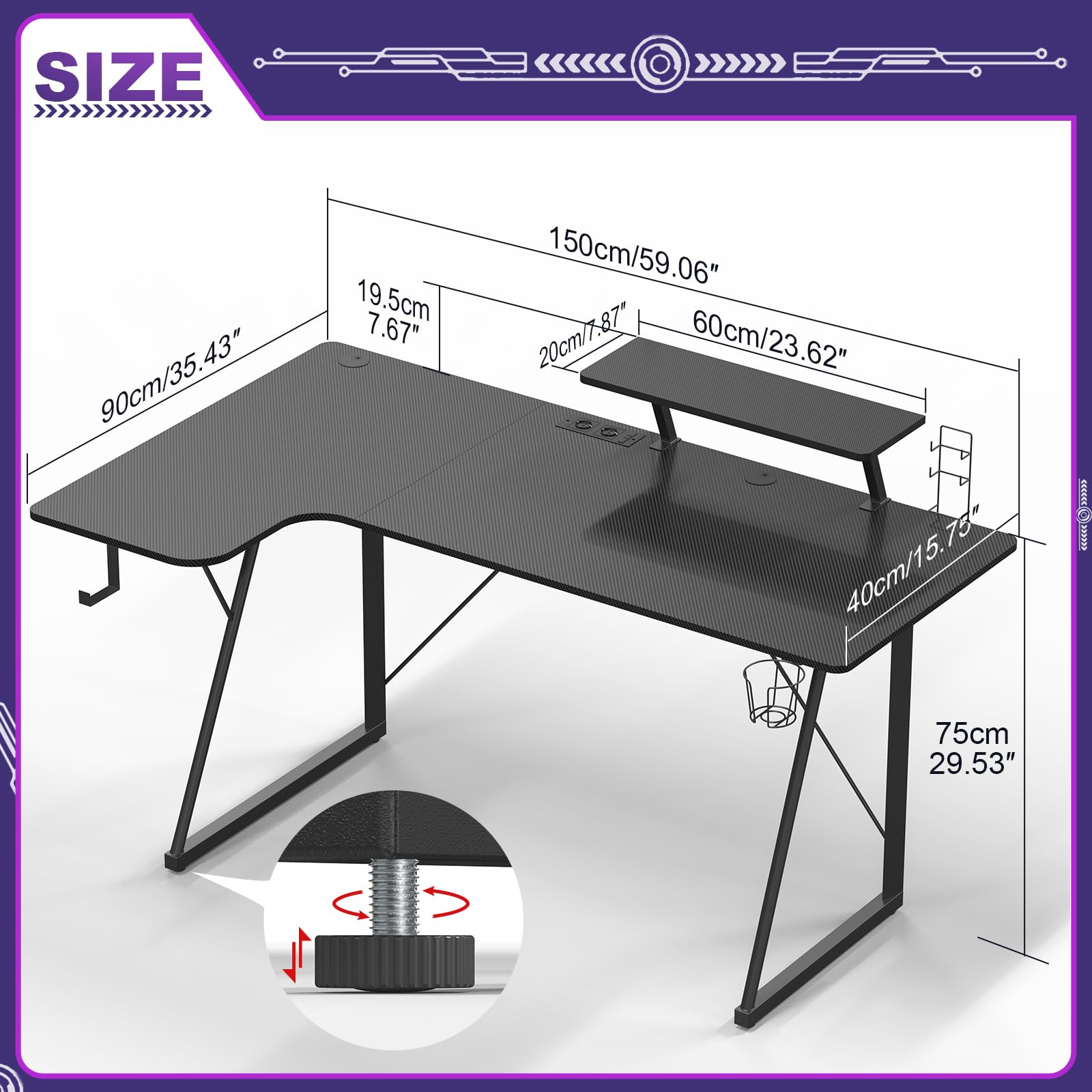Bureau Gaming 150x90, Table Gaming avec 2 Prises Electriques et 2 Ports USB, Bureau en Forme de L, Fibre de Carbone, Support de Moniteur, pour Etudier, Jouer et Travailler, Noir