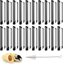 Pack of 21 Cannoli Baking Moulds, 12.5 x 2.5 cm, Stainless Steel Cannoli Tube with Cleaning Brush, Foam Roller Moulds, Small Iridescent Curl Shape, Croissant Shape, Cream Horn Shapes