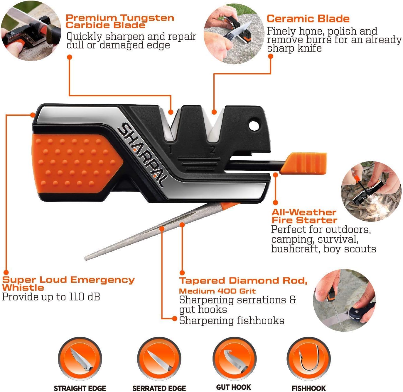 SHARPAL Pocket Knife Sharpener & Survival Tool with Fire Starter Whistle & Diamond Sharpening Rod, Garden Tool Multi-Sharpener for Lawn Mower Blade, Axe, Hatchet, Machete, Pruner, Hedge Shears