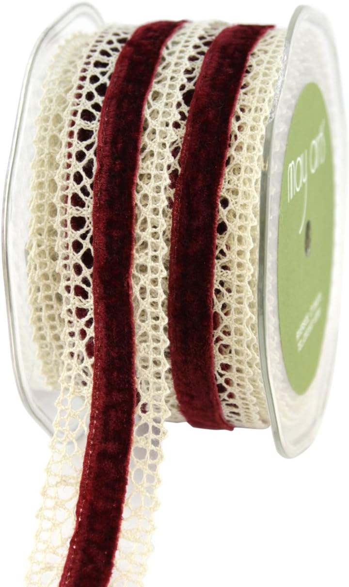 May Arts 1-Inch Wide Ribbon, Brown Crochet with Brown Velvet
