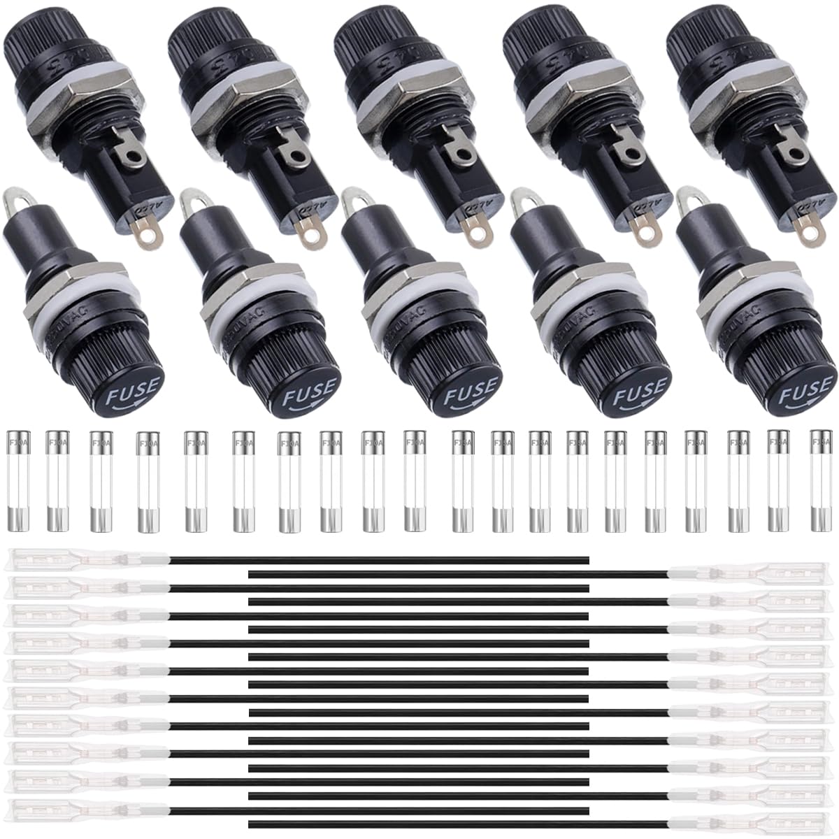 Xiatiaosann 10 pcs Panel Mount Fuse Holder 5x20mm 250V AC 10A/15A Black Plastic, Metal Screw Cap Fuse Holder with 10A/15A Fast Blow Fuses, 18AWG Terminal Cables for Radio, Appliances